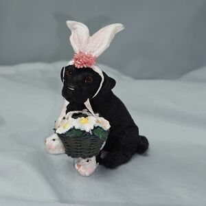 Black Lab Dog Figurine with Pink Bunny Ears